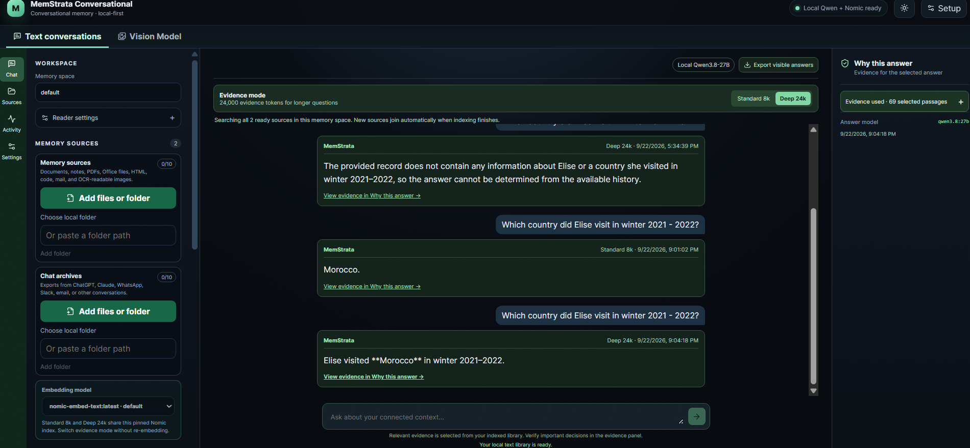 MemStrata Conversational chat. Answers link to their evidence, and the Why this answer panel lists 69 selected passages.